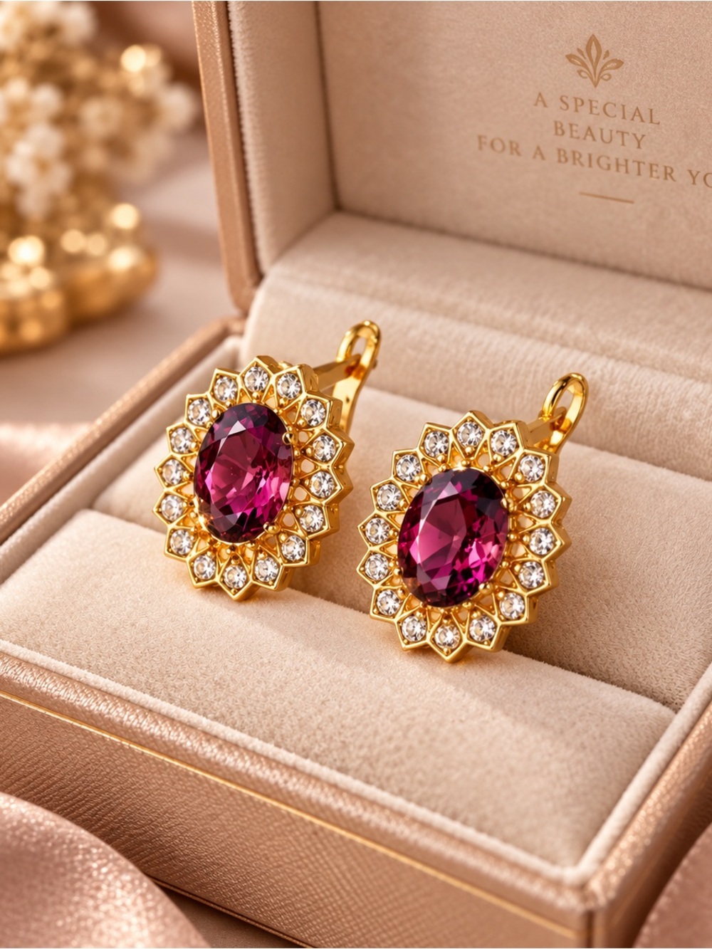 Gold-Statement Vintage Earrings with Purple Center Stone